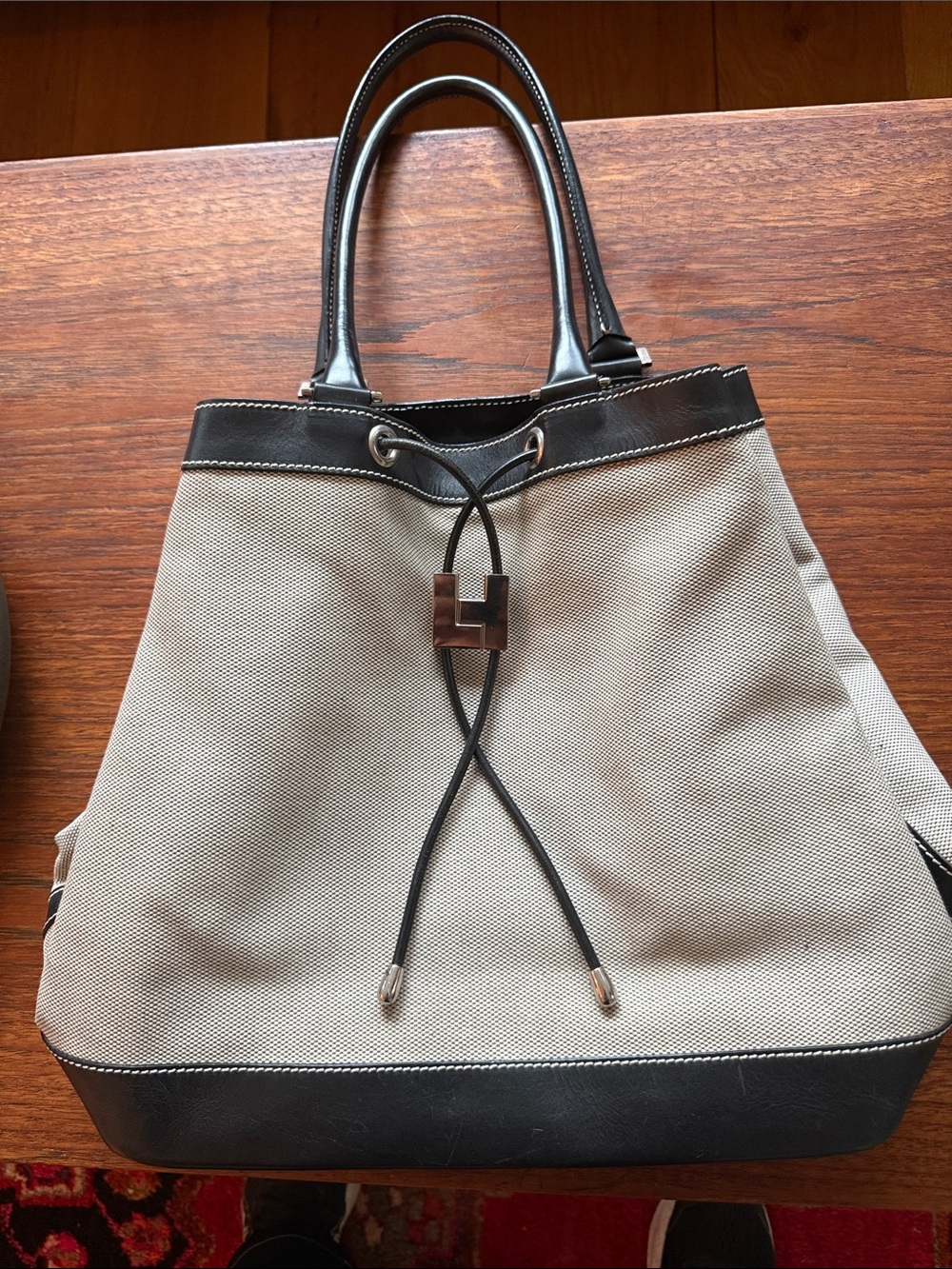 Lambertson Truex Drawstring Bucket Bag Black Leather Trim - Neutral Beige/Black